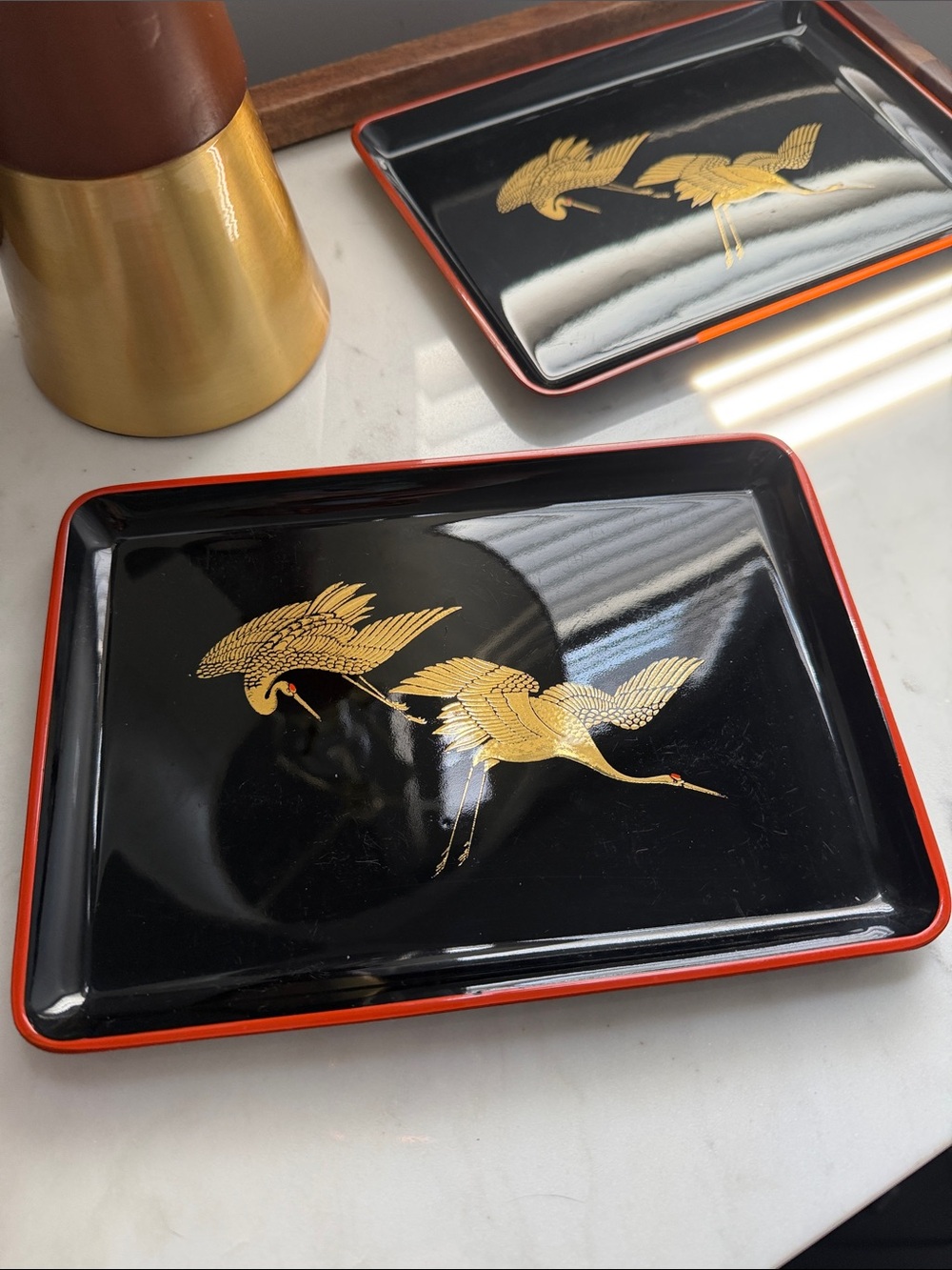 Mid 20th Century Japanese Maki Style Black Lacquer Effect set of 2 trays